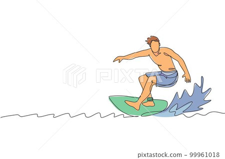 Single continuous line drawing young professional surfer in action riding the waves on blue ocean. Extreme watersport concept. Summer vacation. Trendy one line draw design graphic vector illustration Single continuous line drawing young professional surfer in action riding the waves on blue ocean. Extreme watersport concept. Summer vacation. Trendy one line draw design graphic vector illustration 99961018