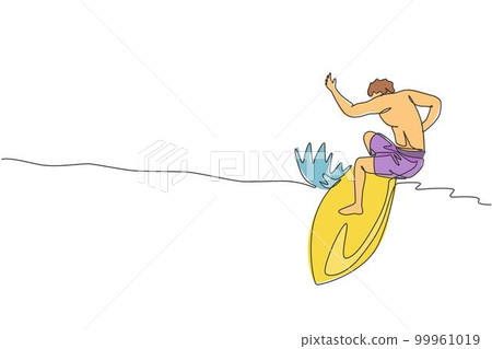 One single line drawing of young sporty surfer man riding on big waves barrel in surfing beach paradise vector illustration. Extreme water sport lifestyle concept. Modern continuous line draw design 99961019