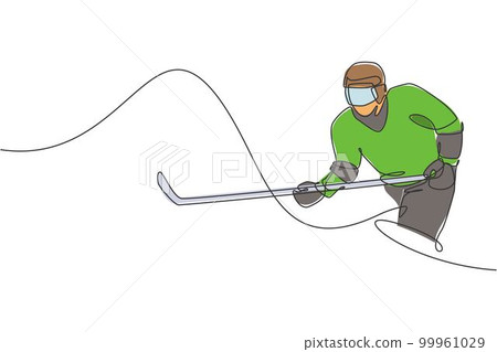One continuous line drawing of young professional ice hockey player exercising and practicing on ice rink stadium. Healthy extreme sport concept. Dynamic single line draw design vector illustration 99961029