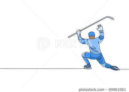 Single continuous line drawing of young professional ice hockey goalie block the puck shot and defense on ice rink arena. Extreme winter sport concept. Trendy one line draw design vector illustration Single continuous line drawing of young professional ice hockey goalie block the puck shot and defense on ice rink arena. Extreme winter sport concept. Trendy one line draw design vector illustration 99961061