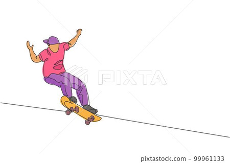 Single continuous line drawing of young cool skateboarder man riding skate and performing jump trick in skate park. Practicing outdoor sport concept. Trendy one line draw design vector illustration Single continuous line drawing of young cool skateboarder man riding skate and performing jump trick in skate park. Practicing outdoor sport concept. Trendy one line draw design vector illustration 99961133
