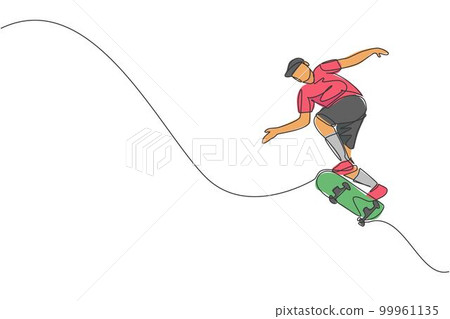 One continuous line drawing of young cool skateboarder man riding skateboard and jumping to do a trick in skatepark. Extreme teenager sport concept. Dynamic single line draw design vector illustration 99961135