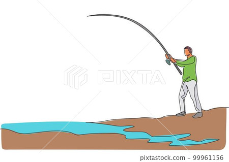 One continuous line drawing of young happy fisherman standing and fishing a fish at the riverside. Fishing leisure hobby vacation concept. Dynamic single line draw design vector graphic illustration One continuous line drawing of young happy fisherman standing and fishing a fish at the riverside. Fishing leisure hobby vacation concept. Dynamic single line draw design vector graphic illustration 99961156