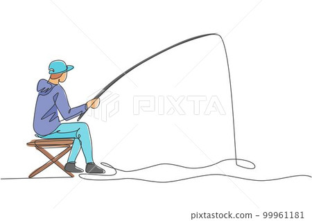 One single line drawing young happy fisher man siting relax and flyfishing at the riverside vector illustration graphic. Holiday traveling for fishing hobby concept. Modern continuous line draw design 99961181