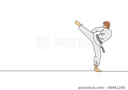 Single continuous line drawing of young confident karateka man in kimono practicing karate combat at dojo. Martial art sport training concept. Trendy one line draw graphic design vector illustration 99961200