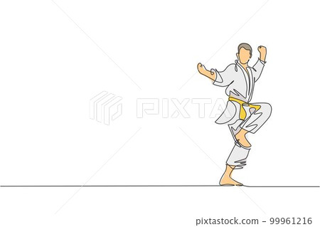 One single line drawing of young sporty karateka man in fight uniform with belt exercising martial art at gym vector illustration. Healthy sport lifestyle concept. Modern continuous line draw design 99961216