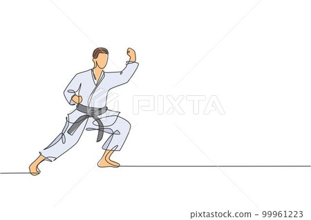 Single continuous line drawing of young confident karateka man in kimono practicing karate combat at dojo. Martial art sport training concept. Trendy one line draw design graphic vector illustration 99961223