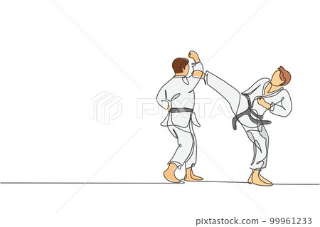 Taekwondo Fight. A hand drawn vector cartoon illustration of 2 guys fighting.  Stock Vector