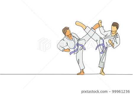 Taekwondo Fight. A hand drawn vector cartoon illustration of 2 guys fighting.  Stock Vector