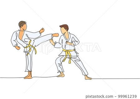 One continuous line drawing of two young talented karateka men train pose for duel fighting at dojo gym center. Mastering martial art sport concept. Dynamic single line draw design vector illustration 99961239
