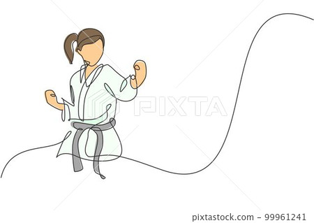 One continuous line drawing of young talented karateka girl train pose for duel fighting at dojo gym center. Mastering martial art sport concept. Dynamic single line draw design vector illustration 99961241