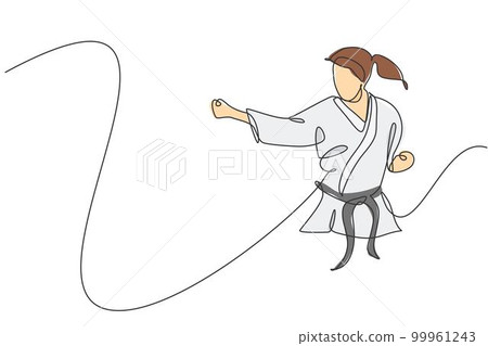 One continuous line drawing of young talented karateka girl train pose for duel fighting at dojo gym center. Mastering martial art sport concept. Dynamic single line draw design vector illustration 99961243