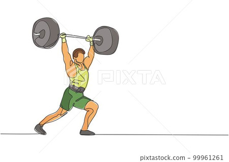 One continuous line drawing of young bodybuilder man doing exercise with a heavy weight bar in gym. Powerlifter train weightlifting concept. Dynamic single line draw design graphic vector illustration 99961261