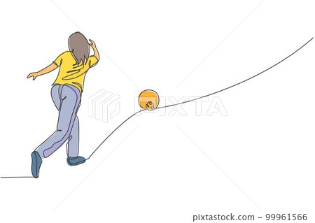 One single line drawing young talented bowling player woman throw ball to hit bowling pins graphic vector illustration. Healthy people lifestyle and sport concept. Modern continuous line draw design One single line drawing young talented bowling player woman throw ball to hit bowling pins graphic vector illustration. Healthy people lifestyle and sport concept. Modern continuous line draw design 99961566