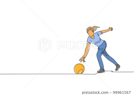 Single continuous line drawing young happy bowling player woman throw bowling ball to hit the pins. Doing sport hobby at leisure time concept. Trendy one line draw design graphic vector illustration 99961567