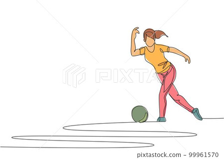 Single continuous line drawing young happy bowling player woman throw bowling ball to hit the pins. Doing sport hobby at leisure time concept. Trendy one line draw design vector illustration graphic Single continuous line drawing young happy bowling player woman throw bowling ball to hit the pins. Doing sport hobby at leisure time concept. Trendy one line draw design vector illustration graphic 99961570