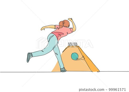 One single line drawing young talented bowling player woman throw ball to hit bowling pins vector illustration graphic. Healthy people lifestyle and sport concept. Modern continuous line draw design 99961571