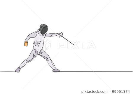 One continuous line drawing of young man fencing athlete practice fighting on professional sport arena. Fencing costume and holding sword concept. Dynamic single line draw design vector illustration One continuous line drawing of young man fencing athlete practice fighting on professional sport arena. Fencing costume and holding sword concept. Dynamic single line draw design vector illustration 99961574