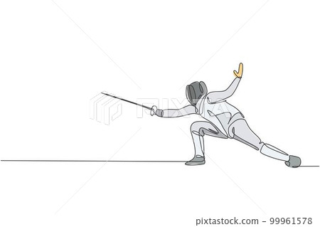 One continuous line drawing of young woman fencing athlete practice fighting on professional sport arena. Fencing costume and holding sword concept. Dynamic single line draw design vector illustration One continuous line drawing of young woman fencing athlete practice fighting on professional sport arena. Fencing costume and holding sword concept. Dynamic single line draw design vector illustration 99961578