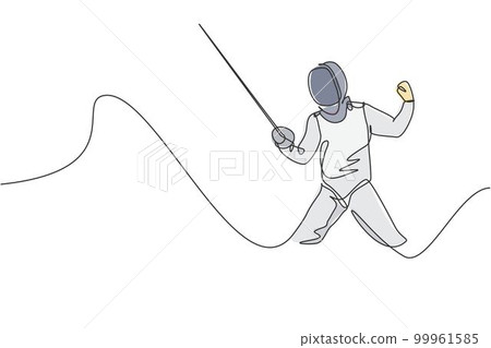One single line drawing of young man fencer athlete in fencing costume exercising motion on sport arena vector illustration. Combative and fighting sport concept. Modern continuous line draw design 99961585