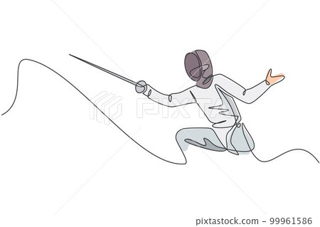 One single line drawing of young woman fencer athlete in fencing costume exercising motion on sport arena vector illustration. Combative and fighting sport concept. Modern continuous line draw design One single line drawing of young woman fencer athlete in fencing costume exercising motion on sport arena vector illustration. Combative and fighting sport concept. Modern continuous line draw design 99961586