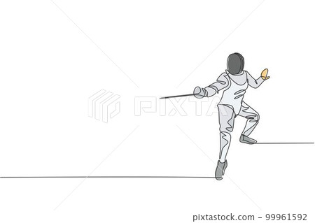 One single line drawing of young man fencer athlete in fencing costume exercising motion on sport arena vector illustration. Combative and fighting sport concept. Modern continuous line draw design One single line drawing of young man fencer athlete in fencing costume exercising motion on sport arena vector illustration. Combative and fighting sport concept. Modern continuous line draw design 99961592