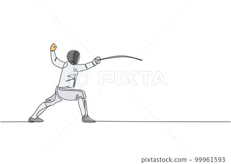 Single continuous line drawing of young professional fencer athlete woman in fencing mask and rapier. Competitive fighting sport competition concept. Trendy one line draw design vector illustration Single continuous line drawing of young professional fencer athlete woman in fencing mask and rapier. Competitive fighting sport competition concept. Trendy one line draw design vector illustration 99961593