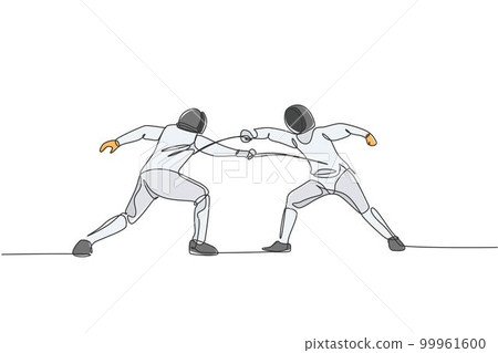 One continuous line drawing of two men fencing athlete practice fighting on professional sport arena. Fencing costume and holding sword concept. Dynamic single line draw design vector illustration One continuous line drawing of two men fencing athlete practice fighting on professional sport arena. Fencing costume and holding sword concept. Dynamic single line draw design vector illustration 99961600