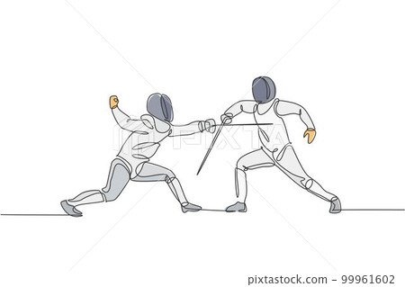 One single line drawing of two young men fencer athlete in fencing costume exercise motion on sport arena vector illustration. Combative and fighting sport concept. Modern continuous line draw design One single line drawing of two young men fencer athlete in fencing costume exercise motion on sport arena vector illustration. Combative and fighting sport concept. Modern continuous line draw design 99961602