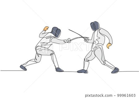 One continuous line drawing of two men fencing athlete practice fighting on professional sport arena. Fencing costume and holding sword concept. Dynamic single line draw design vector illustration One continuous line drawing of two men fencing athlete practice fighting on professional sport arena. Fencing costume and holding sword concept. Dynamic single line draw design vector illustration 99961603