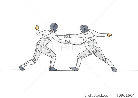 Single continuous line drawing of two young pro fencer athlete women in fencing mask and rapier duel at gym arena. Fighting sport competition concept. Trendy one line draw design vector illustration Single continuous line drawing of two young pro fencer athlete women in fencing mask and rapier duel at gym arena. Fighting sport competition concept. Trendy one line draw design vector illustration 99961604