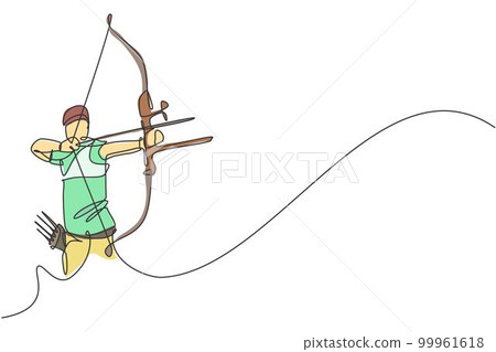 One single line drawing of young archer man focus exercising archery to hit the target graphic vector illustration. Healthy refresh shooting with bow sport concept. Modern continuous line draw design 99961618