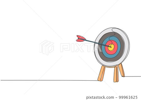 One continuous line drawing of arrow was shot bullseye to archery target board. Archery sport equipment concept. Dynamic single line draw design graphic vector illustration 99961625
