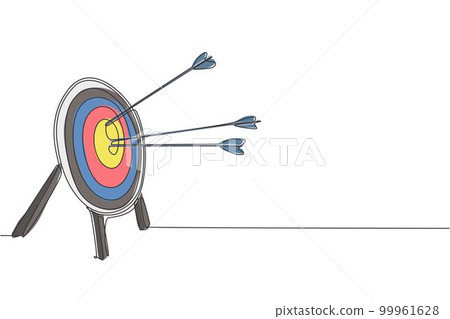 Single continuous line drawing of archery target pad was shot with arrows. Archery sport exercise with target board concept. Trendy one line draw design vector illustration graphic 99961628