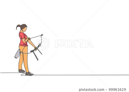 One single line drawing of young archer woman focus exercising archery to hit target graphic vector illustration. Healthy refresh shooting with bow sport concept. Modern continuous line draw design 99961629
