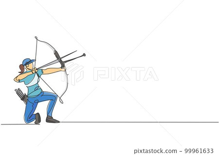Single continuous line drawing of young professional archer woman focus aiming archery target. Archery sport exercise with the bow concept. Trendy one line draw design vector illustration graphic 99961633