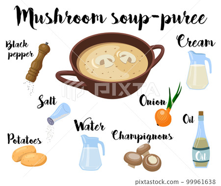 kitchen poster with a recipe for cooking soup-puree of mushrooms. Vector illustration on a white background. 99961638