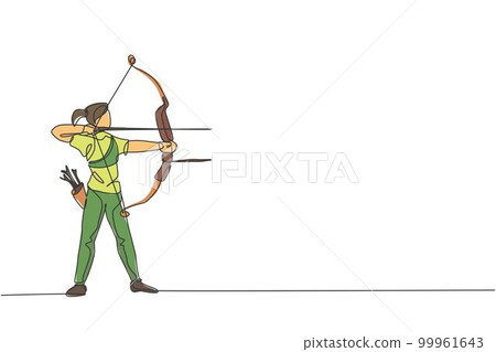 Single continuous line drawing of young professional archer woman focus aiming archery target. Archery sport exercise with the bow concept. Trendy one line draw design graphic vector illustration 99961643