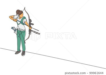 One single line drawing of young archer woman focus exercising archery to hit target graphic vector illustration. Healthy refresh shooting with bow sport concept. Modern continuous line draw design 99961644