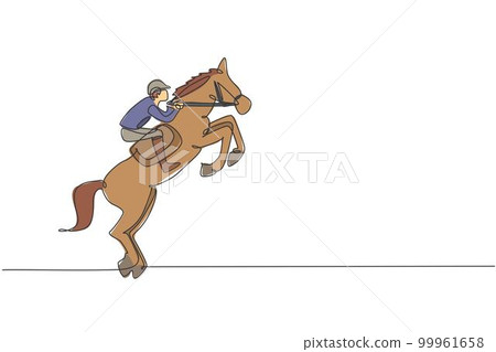 Single continuous line drawing of young professional horseback rider try to tame the horse at the stables. Equestrian sport training process concept. Trendy one line draw design vector illustration Single continuous line drawing of young professional horseback rider try to tame the horse at the stables. Equestrian sport training process concept. Trendy one line draw design vector illustration 99961658