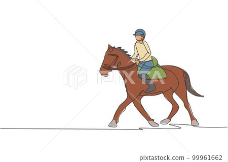 One continuous line drawing of young horse rider man in action. Equine training at racing track. Equestrian sport competition concept. Dynamic single line draw design vector illustration graphic 99961662