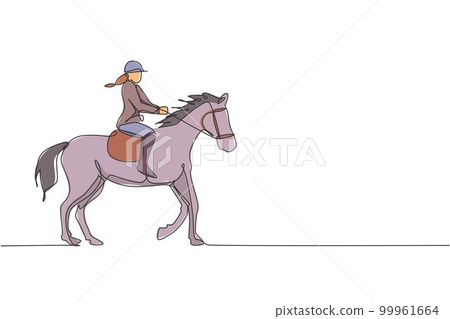 Single continuous line drawing of young professional horseback rider walking with a horse around the stables. Equestrian sport training process concept. Trendy one line draw design vector illustration 99961664