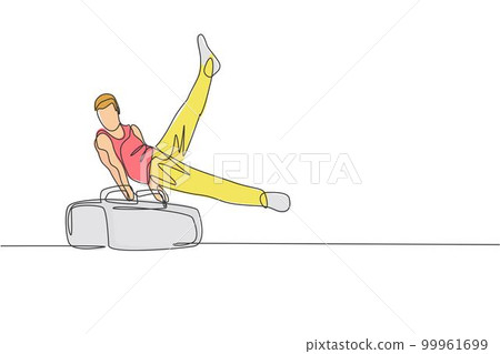 One single line drawing of young handsome gymnast man exercising pommel horse graphic vector illustration. Healthy lifestyle and athletic sport concept. Modern continuous line draw design 99961699