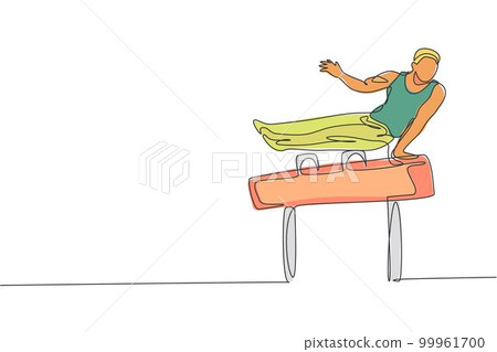 Single continuous line drawing young handsome professional gymnast man perform acrobatic motion. Pommel horse training and stretching concept. Trendy one line draw design vector illustration graphic Single continuous line drawing young handsome professional gymnast man perform acrobatic motion. Pommel horse training and stretching concept. Trendy one line draw design vector illustration graphic 99961700