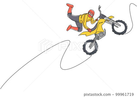 Vetor de One continuous line drawing of young motocross rider climb mound  of land at race track. Extreme sport concept. Dynamic single line draw  design vector illustration for motocross competition poster do