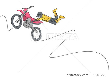 Single continuous line drawing of young motocross rider acrobatic flying with his bike. Extreme sport race concept vector illustration. Trendy one line draw design for motocross event promotion media 99961720