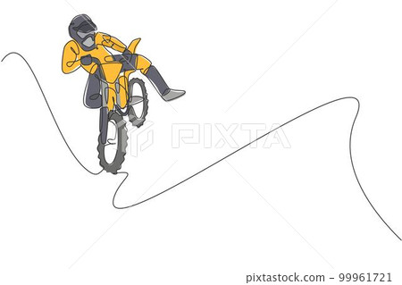 One continuous line drawing of young motocross rider jumping fly acrobatic at race track. Extreme sport concept. Dynamic single line draw design vector illustration for motocross competition poster 99961721