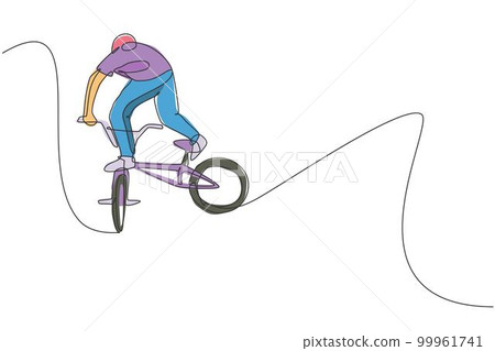 Single continuous line drawing of young BMX cycle rider show flying into the air trick in skatepark. BMX freestyle concept. One line draw design vector illustration for freestyle promotion art media 99961741