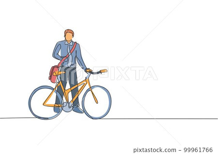 Single continuous line drawing young professional businessman riding bicycle to his company. Bike to work, eco friendly transportation concept. Trendy one line draw design vector graphic illustration Single continuous line drawing young professional businessman riding bicycle to his company. Bike to work, eco friendly transportation concept. Trendy one line draw design vector graphic illustration 99961766
