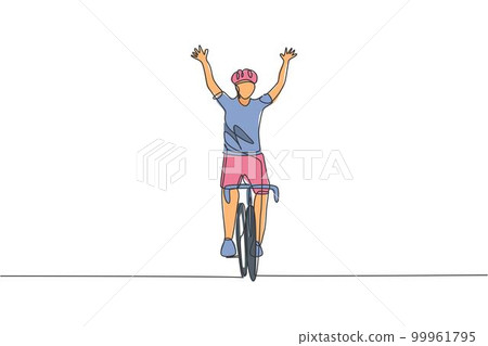 One continuous line drawing of young sporty man bicycle racer cross finish line and raise up his hands. Road cyclist concept. Single line draw design vector illustration for cycling competition poster 99961795